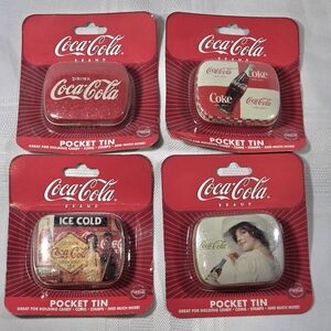 4 Vintage Coca-Cola Tins 2.5" Collectible Small Metal Hinged Pill Trinket Boxes